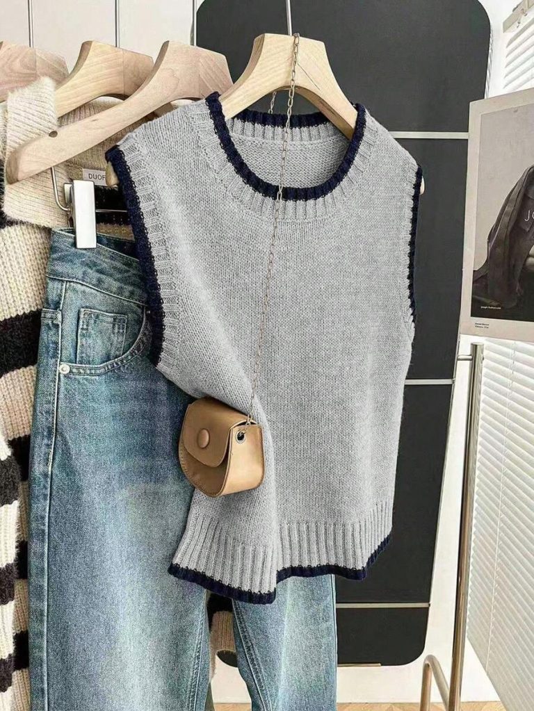 Franclia Back To School Casual Style Loose Round Neck Sleeveless Woolen Woven Contrasting Color Trimmed Khaki Autumn And Winter Women's Knitted Top Fall Clothes For Women Going Out Tops Women - Image 94