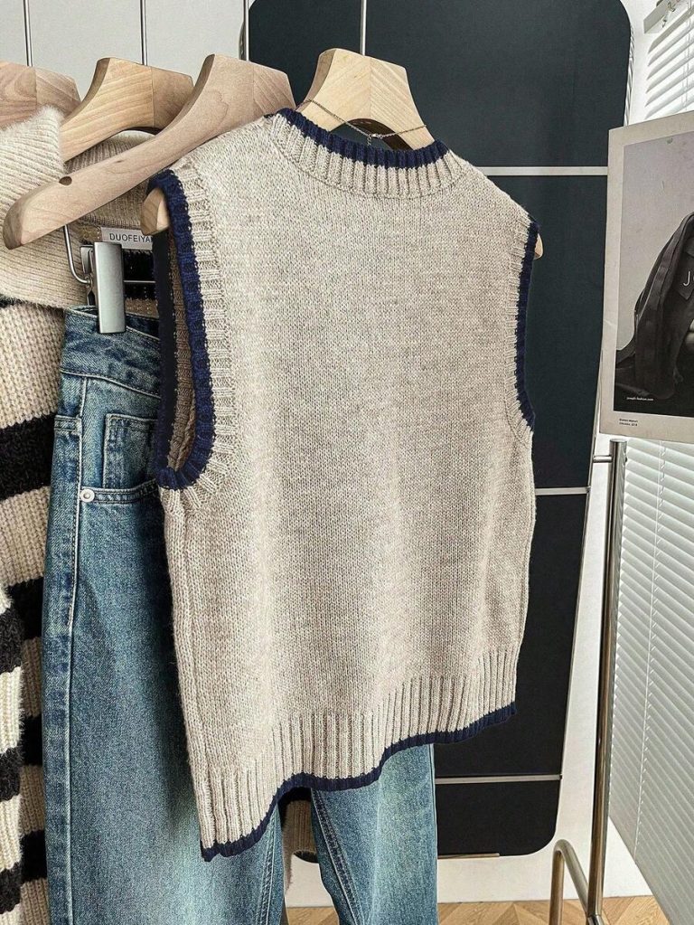 Franclia Back To School Casual Style Loose Round Neck Sleeveless Woolen Woven Contrasting Color Trimmed Khaki Autumn And Winter Women's Knitted Top Fall Clothes For Women Going Out Tops Women - Image 96
