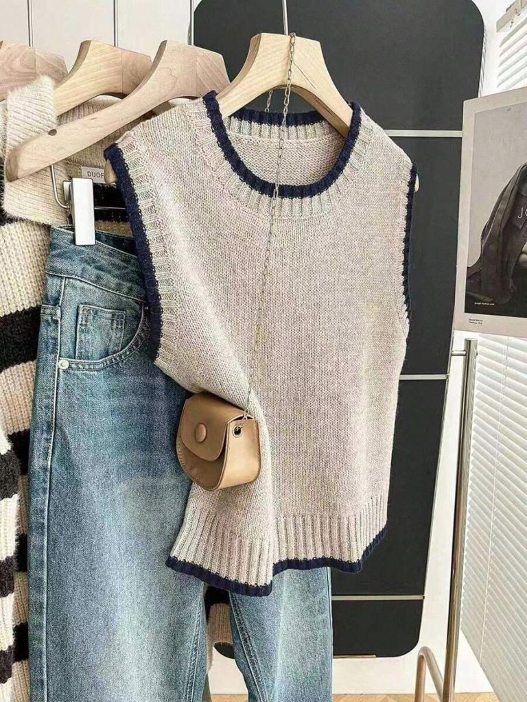 Franclia Back To School Casual Style Loose Round Neck Sleeveless Woolen Woven Contrasting Color Trimmed Khaki Autumn And Winter Women's Knitted Top Fall Clothes For Women Going Out Tops Women - Image 98