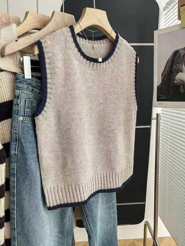 Franclia Back To School Casual Style Loose Round Neck Sleeveless Woolen Woven Contrasting Color Trimmed Khaki Autumn And Winter Women's Knitted Top Fall Clothes For Women Going Out Tops Women - Image 99
