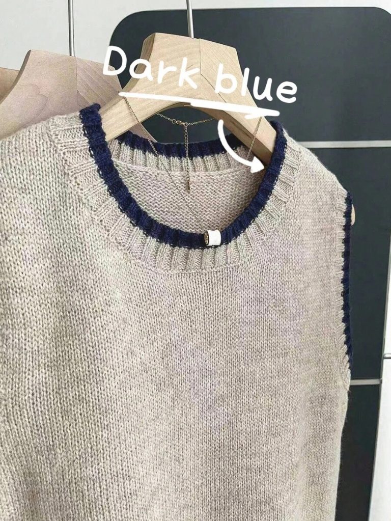 Franclia Back To School Casual Style Loose Round Neck Sleeveless Woolen Woven Contrasting Color Trimmed Khaki Autumn And Winter Women's Knitted Top Fall Clothes For Women Going Out Tops Women - Image 100