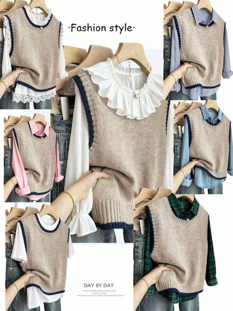 Franclia Back To School Casual Style Loose Round Neck Sleeveless Woolen Woven Contrasting Color Trimmed Khaki Autumn And Winter Women's Knitted Top Fall Clothes For Women Going Out Tops Women - Image 101