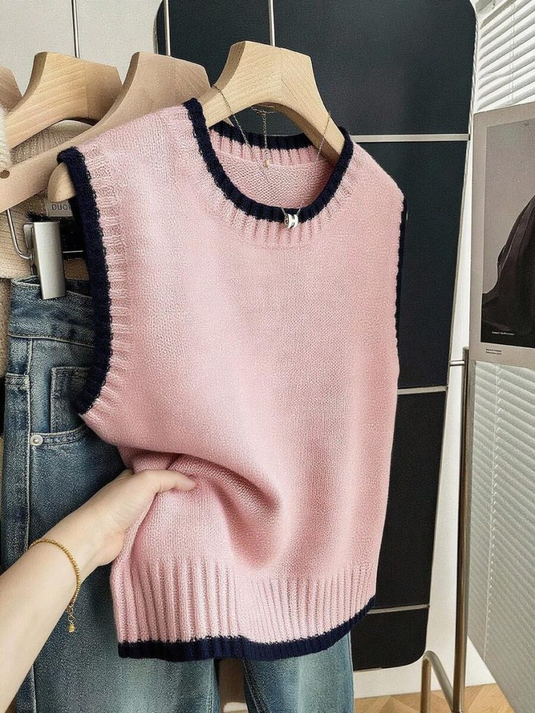 Franclia Back To School Casual Style Loose Round Neck Sleeveless Woolen Woven Contrasting Color Trimmed Khaki Autumn And Winter Women's Knitted Top Fall Clothes For Women Going Out Tops Women - Image 102