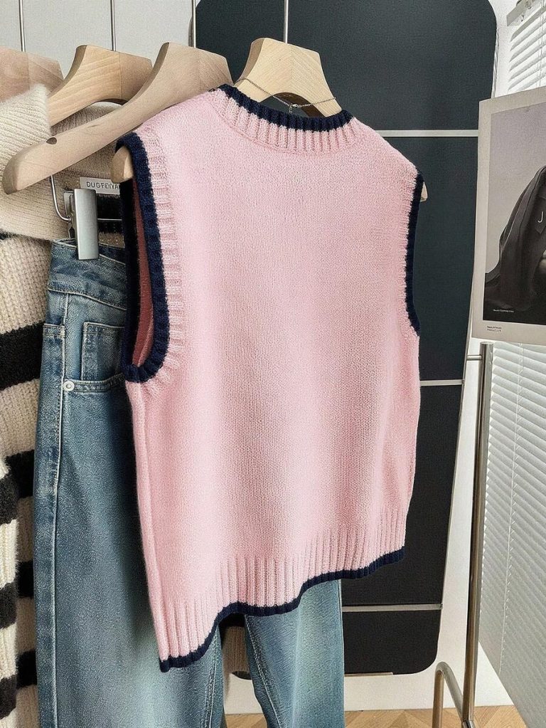 Franclia Back To School Casual Style Loose Round Neck Sleeveless Woolen Woven Contrasting Color Trimmed Khaki Autumn And Winter Women's Knitted Top Fall Clothes For Women Going Out Tops Women - Image 103