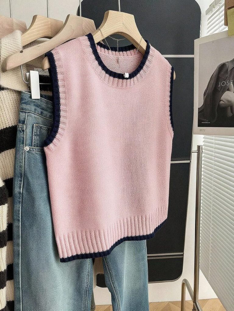 Franclia Back To School Casual Style Loose Round Neck Sleeveless Woolen Woven Contrasting Color Trimmed Khaki Autumn And Winter Women's Knitted Top Fall Clothes For Women Going Out Tops Women - Image 104