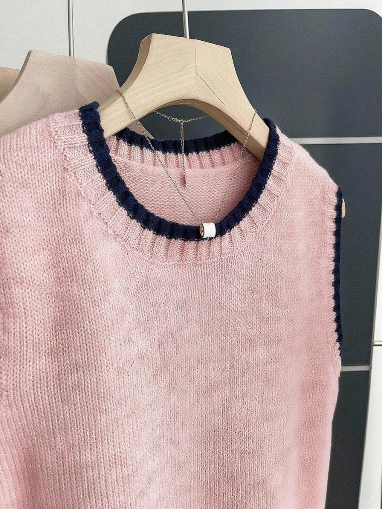 Franclia Back To School Casual Style Loose Round Neck Sleeveless Woolen Woven Contrasting Color Trimmed Khaki Autumn And Winter Women's Knitted Top Fall Clothes For Women Going Out Tops Women - Image 105