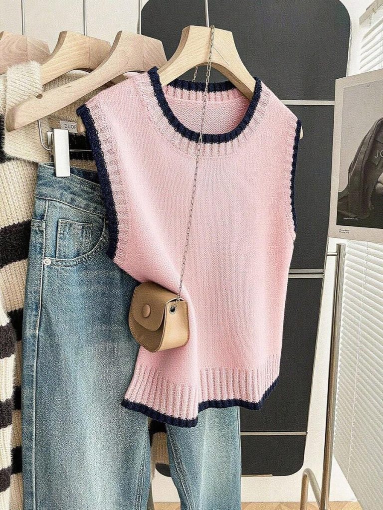 Franclia Back To School Casual Style Loose Round Neck Sleeveless Woolen Woven Contrasting Color Trimmed Khaki Autumn And Winter Women's Knitted Top Fall Clothes For Women Going Out Tops Women - Image 106