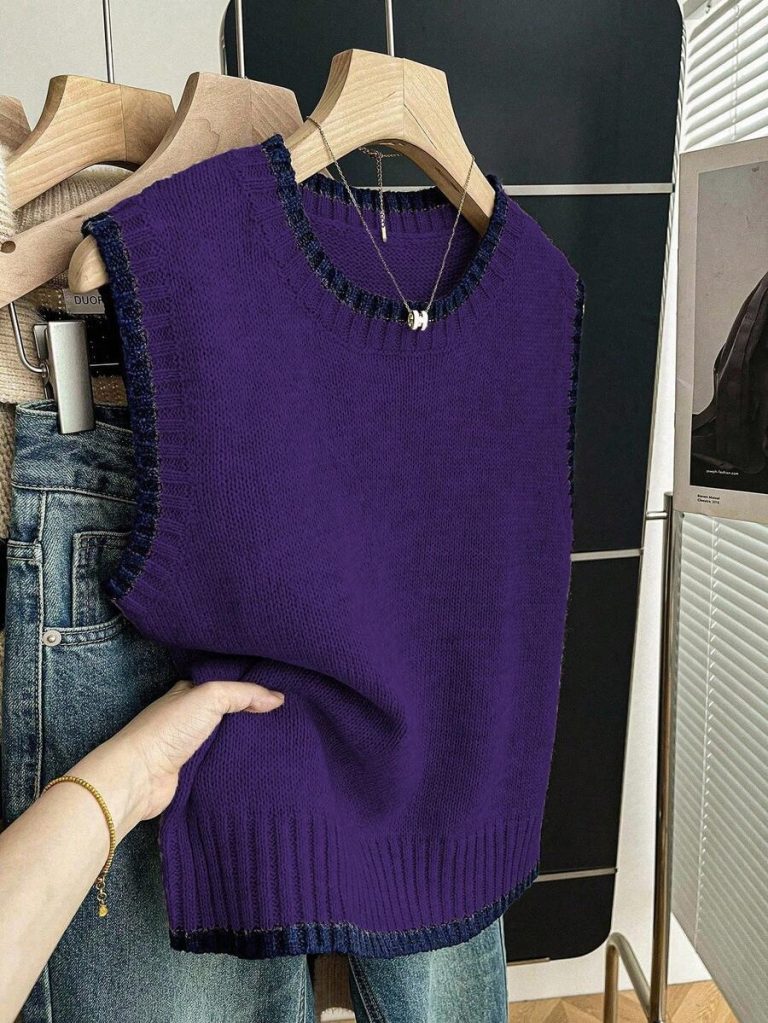 Franclia Back To School Casual Style Loose Round Neck Sleeveless Woolen Woven Contrasting Color Trimmed Khaki Autumn And Winter Women's Knitted Top Fall Clothes For Women Going Out Tops Women - Image 107