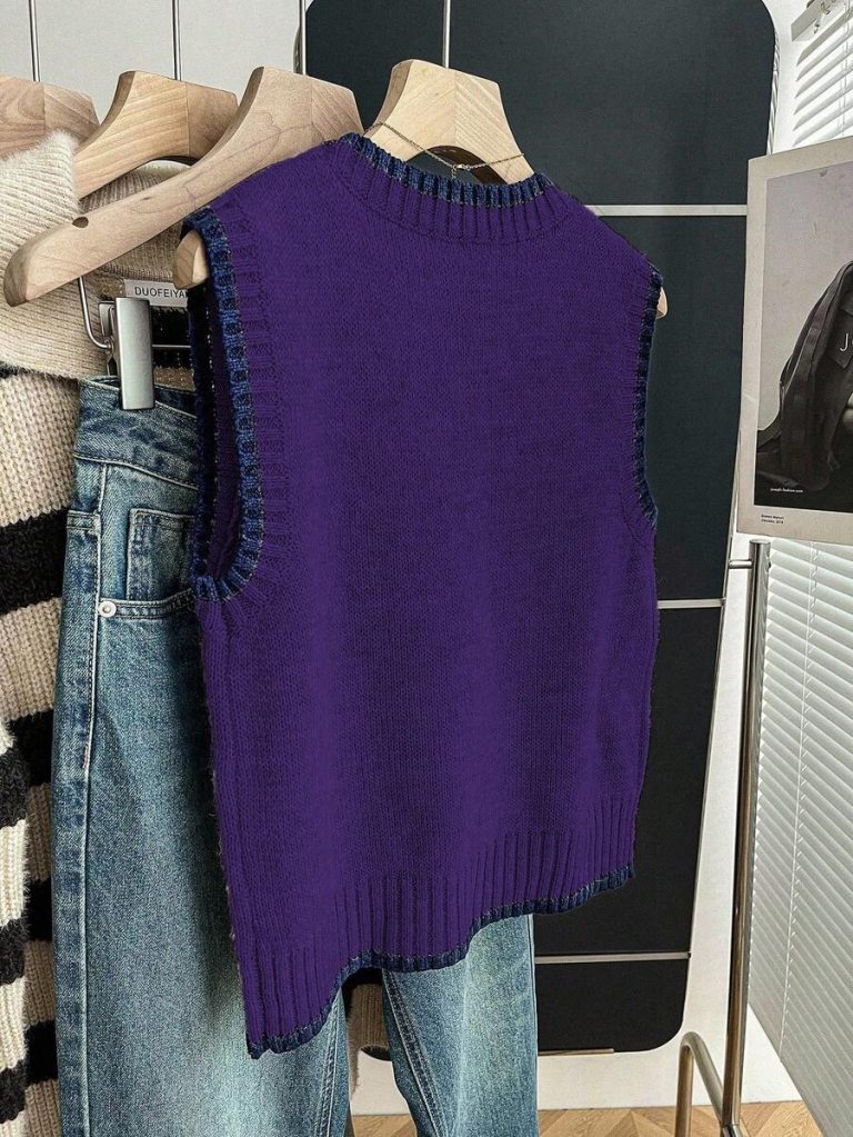 Franclia Back To School Casual Style Loose Round Neck Sleeveless Woolen Woven Contrasting Color Trimmed Khaki Autumn And Winter Women's Knitted Top Fall Clothes For Women Going Out Tops Women - Image 108