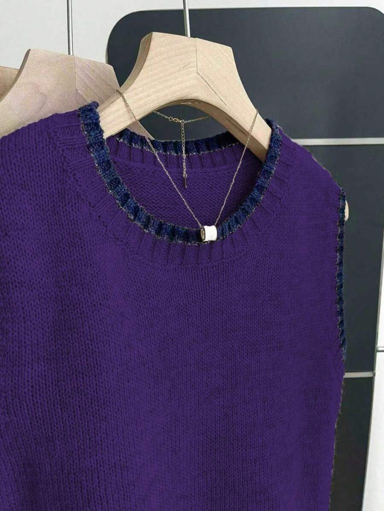 Franclia Back To School Casual Style Loose Round Neck Sleeveless Woolen Woven Contrasting Color Trimmed Khaki Autumn And Winter Women's Knitted Top Fall Clothes For Women Going Out Tops Women - Image 109