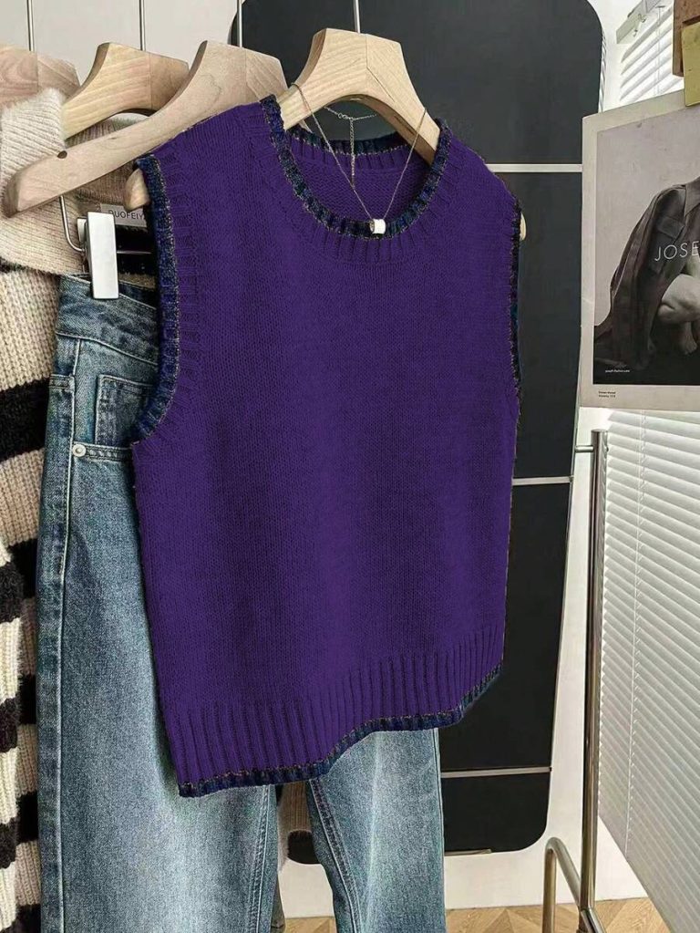 Franclia Back To School Casual Style Loose Round Neck Sleeveless Woolen Woven Contrasting Color Trimmed Khaki Autumn And Winter Women's Knitted Top Fall Clothes For Women Going Out Tops Women - Image 110