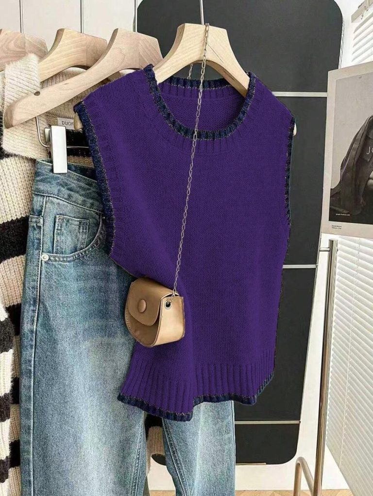 Franclia Back To School Casual Style Loose Round Neck Sleeveless Woolen Woven Contrasting Color Trimmed Khaki Autumn And Winter Women's Knitted Top Fall Clothes For Women Going Out Tops Women - Image 111