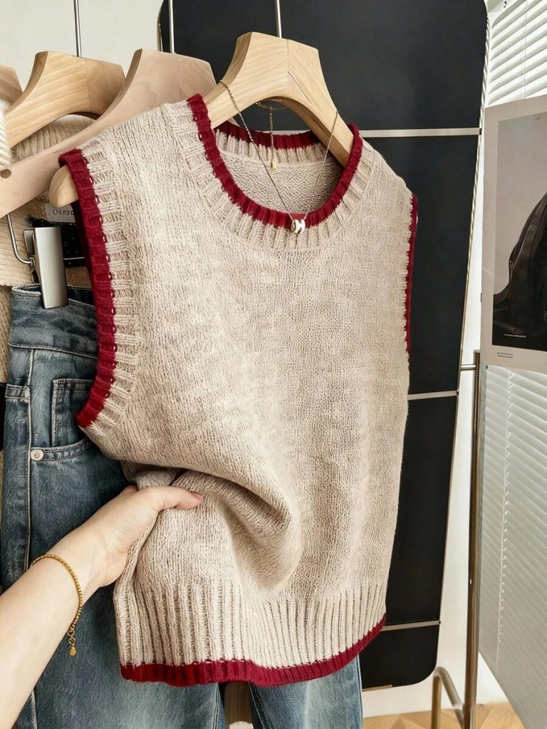 Franclia Back To School Casual Style Loose Round Neck Sleeveless Woolen Woven Contrasting Color Trimmed Khaki Autumn And Winter Women's Knitted Top Fall Clothes For Women Going Out Tops Women - Image 112