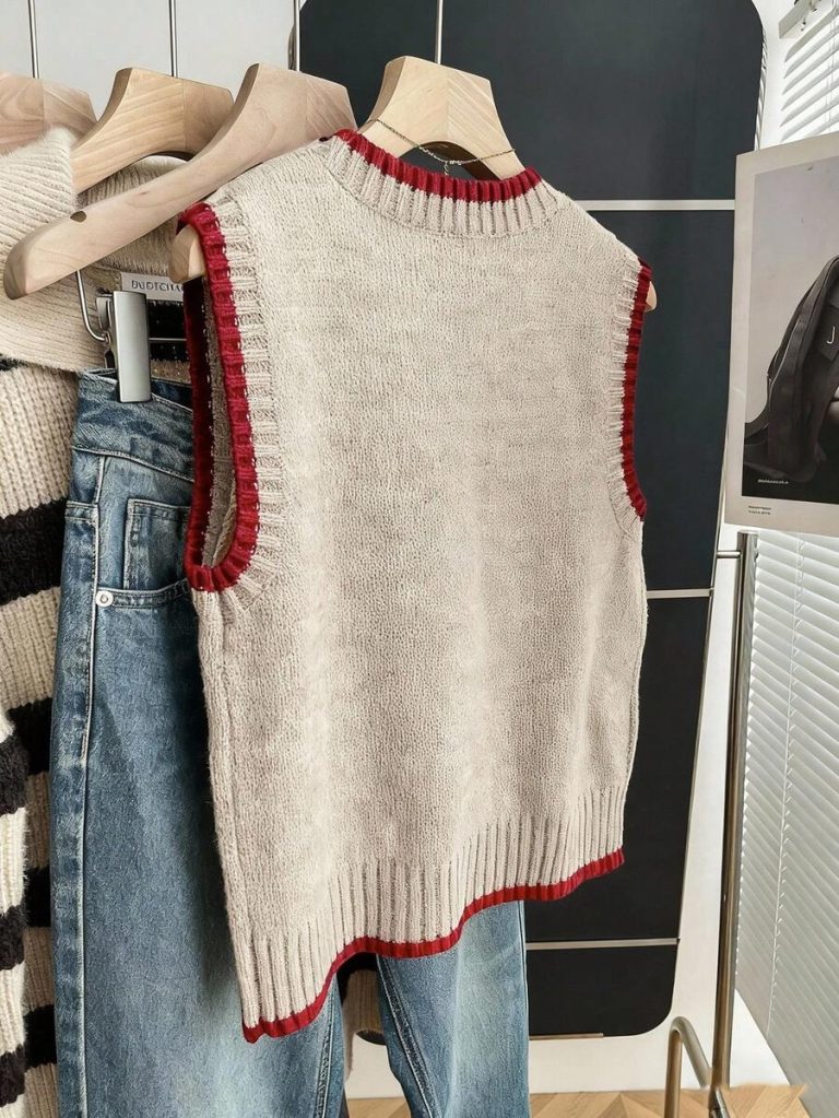 Franclia Back To School Casual Style Loose Round Neck Sleeveless Woolen Woven Contrasting Color Trimmed Khaki Autumn And Winter Women's Knitted Top Fall Clothes For Women Going Out Tops Women - Image 113