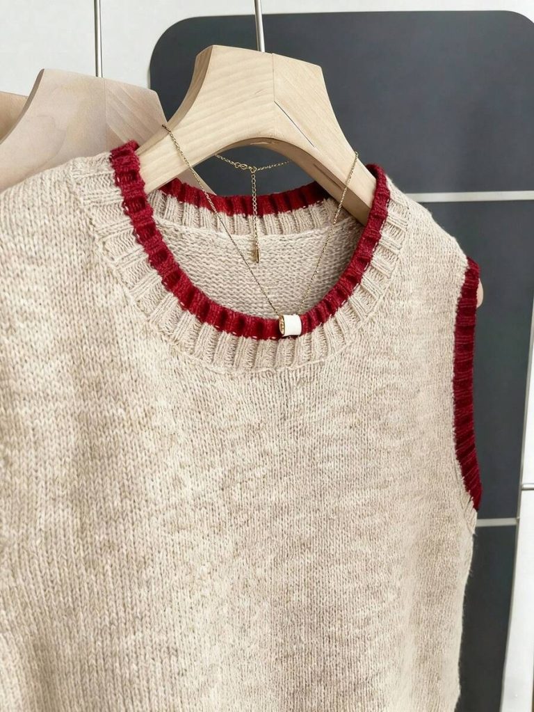 Franclia Back To School Casual Style Loose Round Neck Sleeveless Woolen Woven Contrasting Color Trimmed Khaki Autumn And Winter Women's Knitted Top Fall Clothes For Women Going Out Tops Women - Image 115