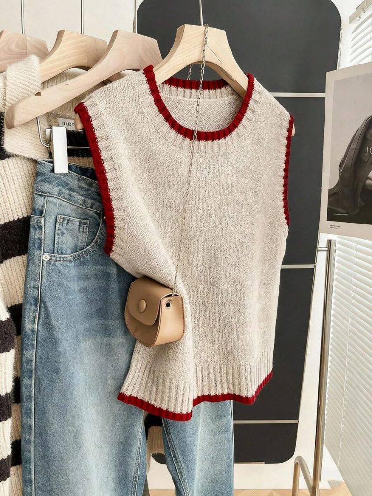 Franclia Back To School Casual Style Loose Round Neck Sleeveless Woolen Woven Contrasting Color Trimmed Khaki Autumn And Winter Women's Knitted Top Fall Clothes For Women Going Out Tops Women - Image 116