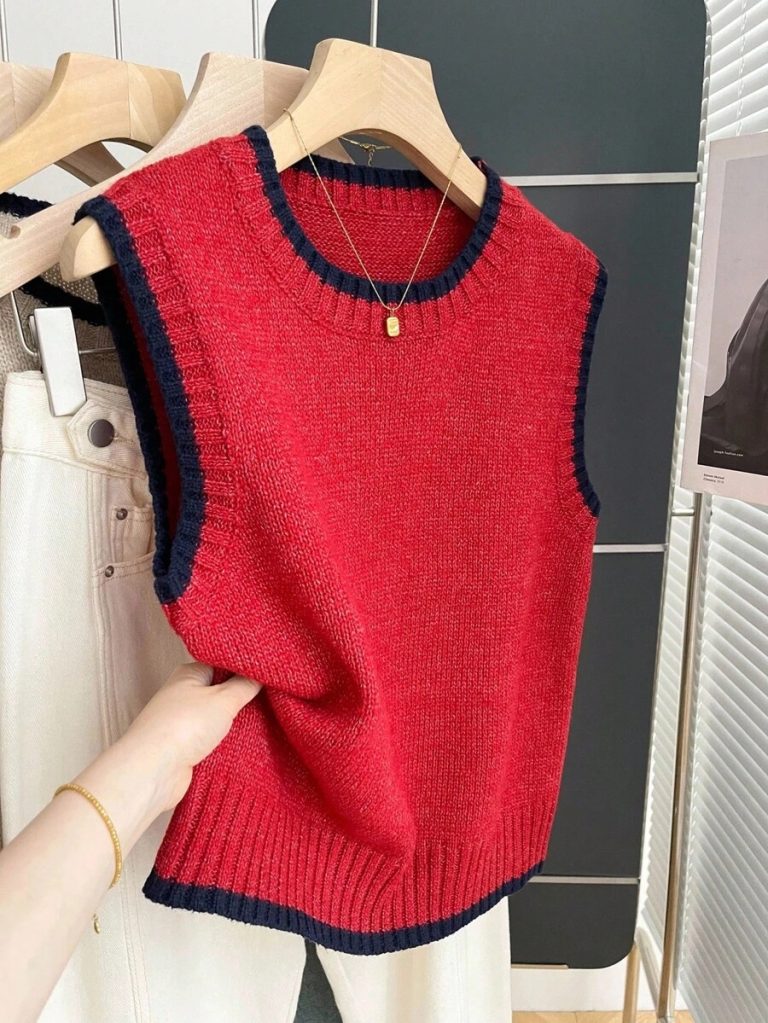 Franclia Back To School Casual Style Loose Round Neck Sleeveless Woolen Woven Contrasting Color Trimmed Khaki Autumn And Winter Women's Knitted Top Fall Clothes For Women Going Out Tops Women - Image 118