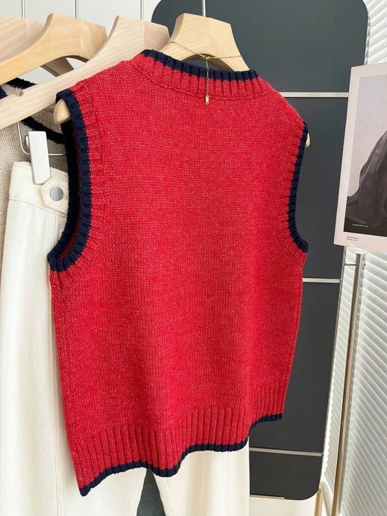 Franclia Back To School Casual Style Loose Round Neck Sleeveless Woolen Woven Contrasting Color Trimmed Khaki Autumn And Winter Women's Knitted Top Fall Clothes For Women Going Out Tops Women - Image 119