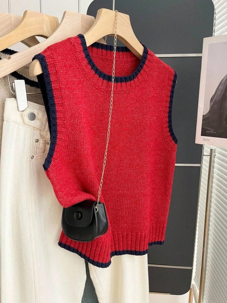 Franclia Back To School Casual Style Loose Round Neck Sleeveless Woolen Woven Contrasting Color Trimmed Khaki Autumn And Winter Women's Knitted Top Fall Clothes For Women Going Out Tops Women - Image 120