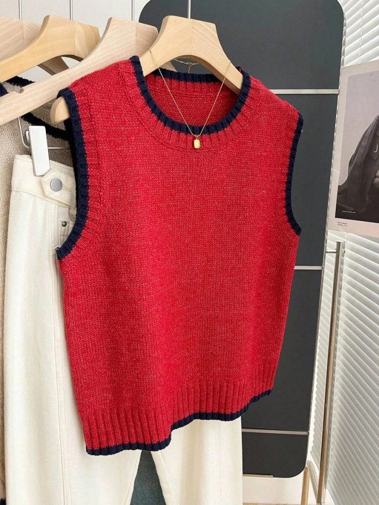 Franclia Back To School Casual Style Loose Round Neck Sleeveless Woolen Woven Contrasting Color Trimmed Khaki Autumn And Winter Women's Knitted Top Fall Clothes For Women Going Out Tops Women - Image 121