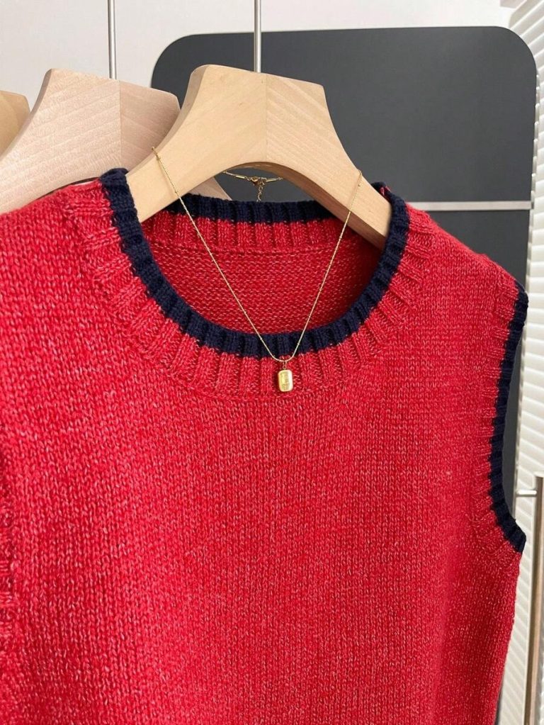 Franclia Back To School Casual Style Loose Round Neck Sleeveless Woolen Woven Contrasting Color Trimmed Khaki Autumn And Winter Women's Knitted Top Fall Clothes For Women Going Out Tops Women - Image 122