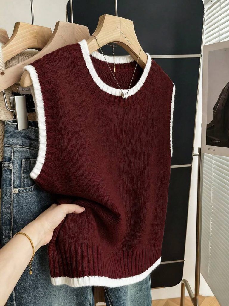 Franclia Back To School Casual Style Loose Round Neck Sleeveless Woolen Woven Contrasting Color Trimmed Khaki Autumn And Winter Women's Knitted Top Fall Clothes For Women Going Out Tops Women - Image 123