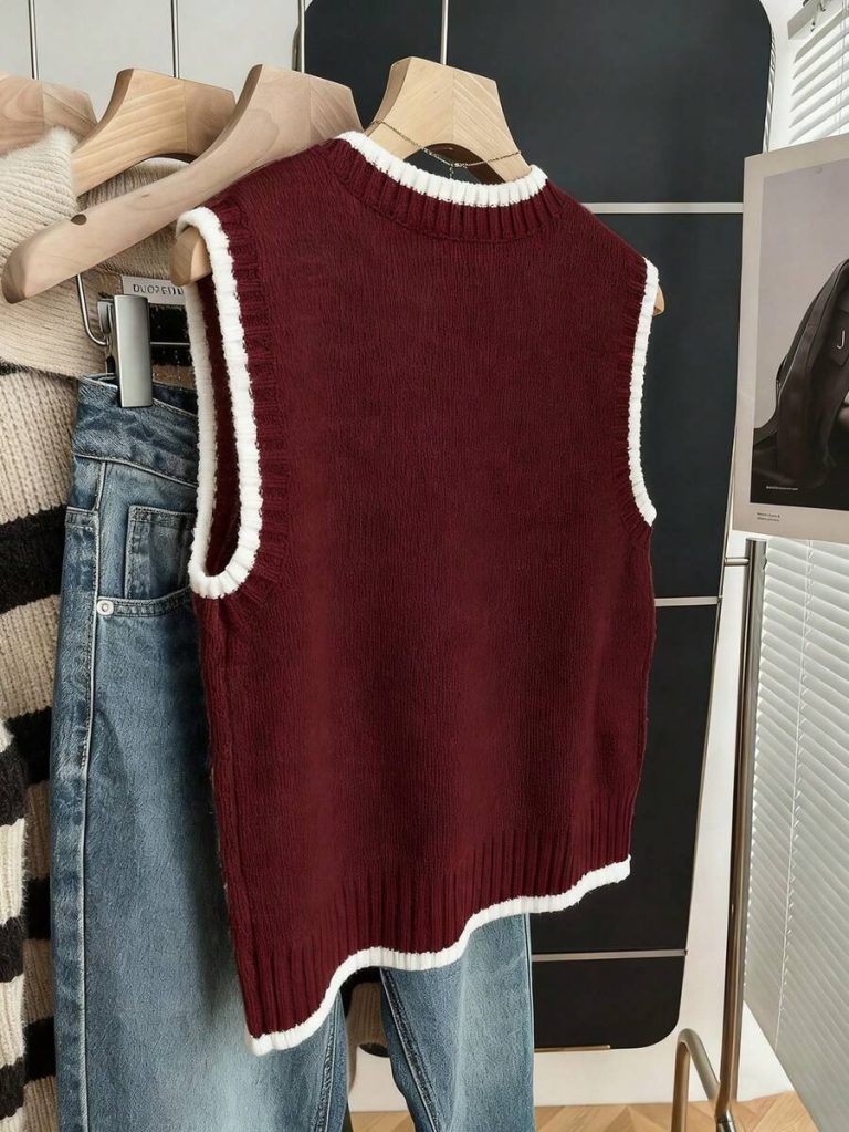 Franclia Back To School Casual Style Loose Round Neck Sleeveless Woolen Woven Contrasting Color Trimmed Khaki Autumn And Winter Women's Knitted Top Fall Clothes For Women Going Out Tops Women - Image 124