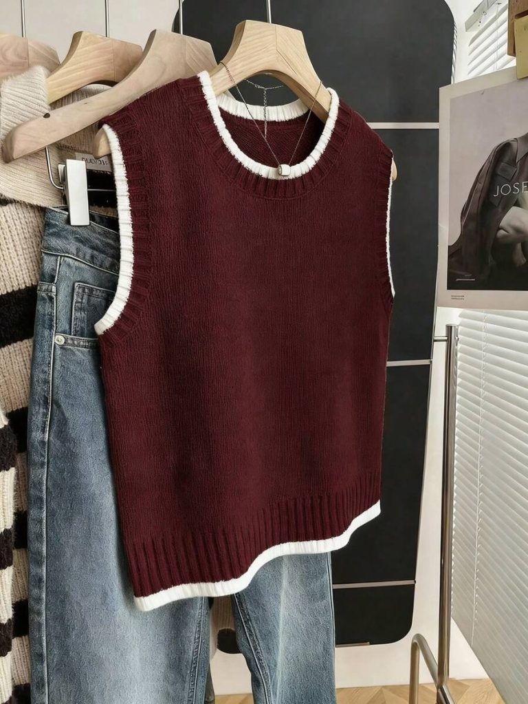 Franclia Back To School Casual Style Loose Round Neck Sleeveless Woolen Woven Contrasting Color Trimmed Khaki Autumn And Winter Women's Knitted Top Fall Clothes For Women Going Out Tops Women - Image 125