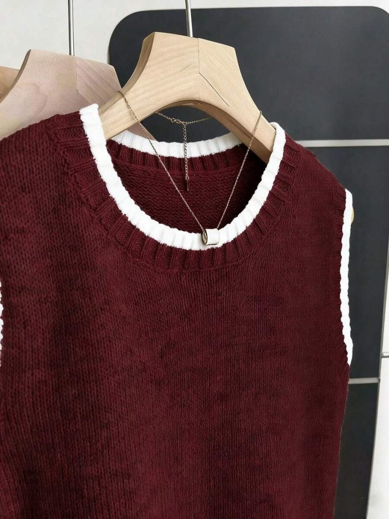 Franclia Back To School Casual Style Loose Round Neck Sleeveless Woolen Woven Contrasting Color Trimmed Khaki Autumn And Winter Women's Knitted Top Fall Clothes For Women Going Out Tops Women - Image 126