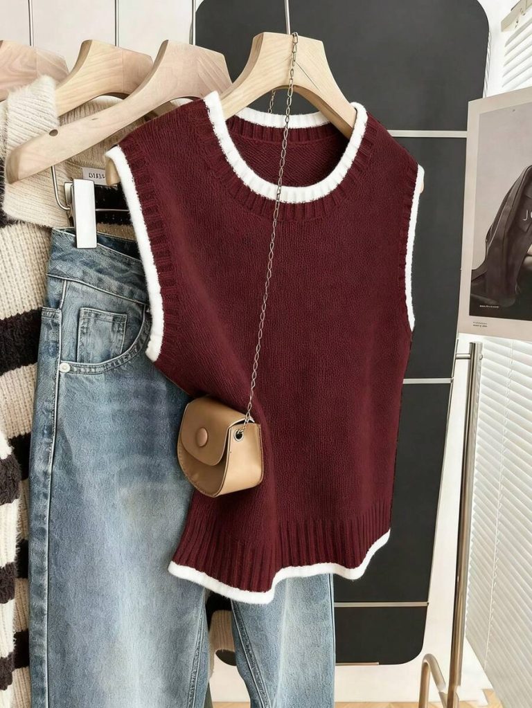 Franclia Back To School Casual Style Loose Round Neck Sleeveless Woolen Woven Contrasting Color Trimmed Khaki Autumn And Winter Women's Knitted Top Fall Clothes For Women Going Out Tops Women - Image 127