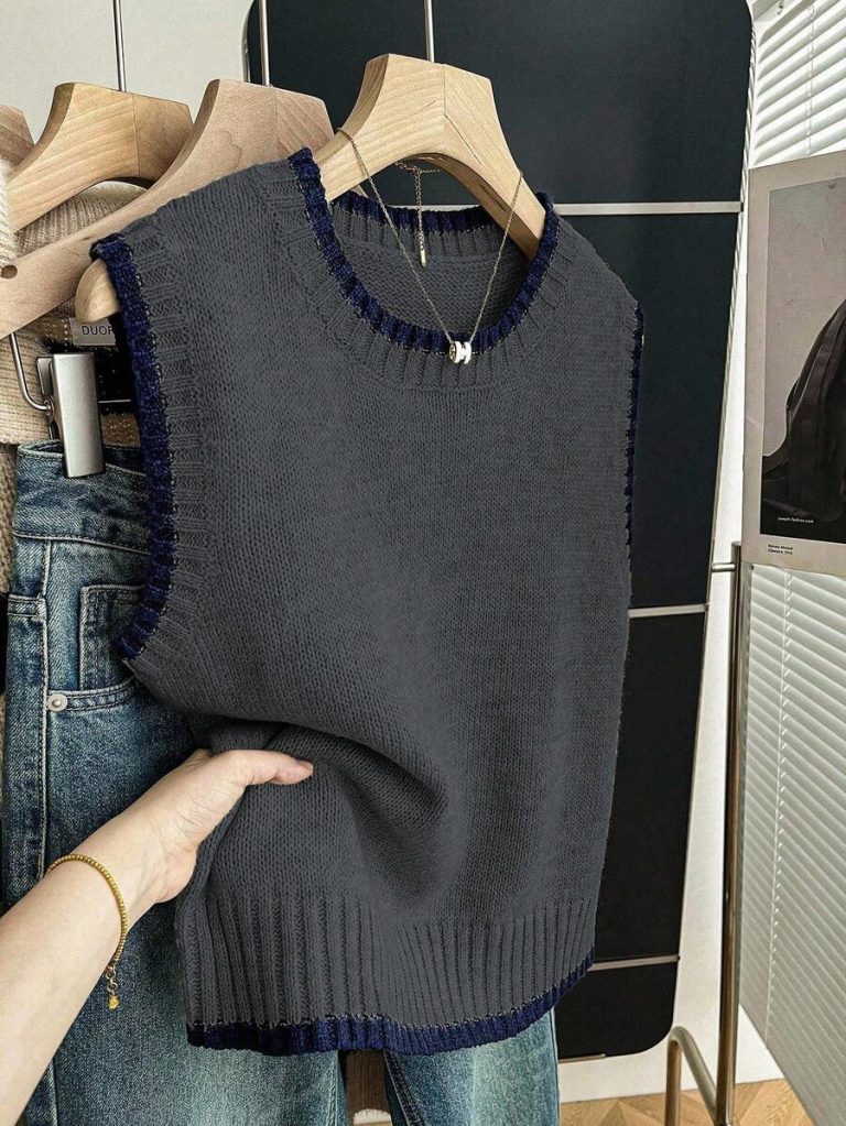 Franclia Back To School Casual Style Loose Round Neck Sleeveless Woolen Woven Contrasting Color Trimmed Khaki Autumn And Winter Women's Knitted Top Fall Clothes For Women Going Out Tops Women - Image 128