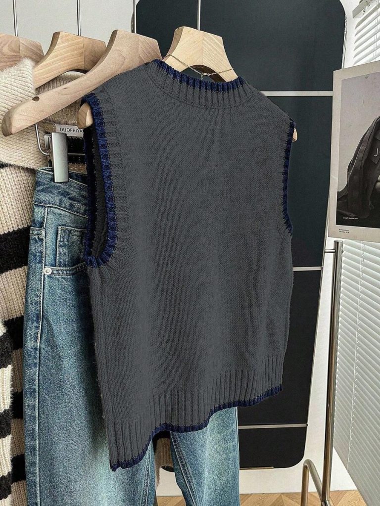Franclia Back To School Casual Style Loose Round Neck Sleeveless Woolen Woven Contrasting Color Trimmed Khaki Autumn And Winter Women's Knitted Top Fall Clothes For Women Going Out Tops Women - Image 129
