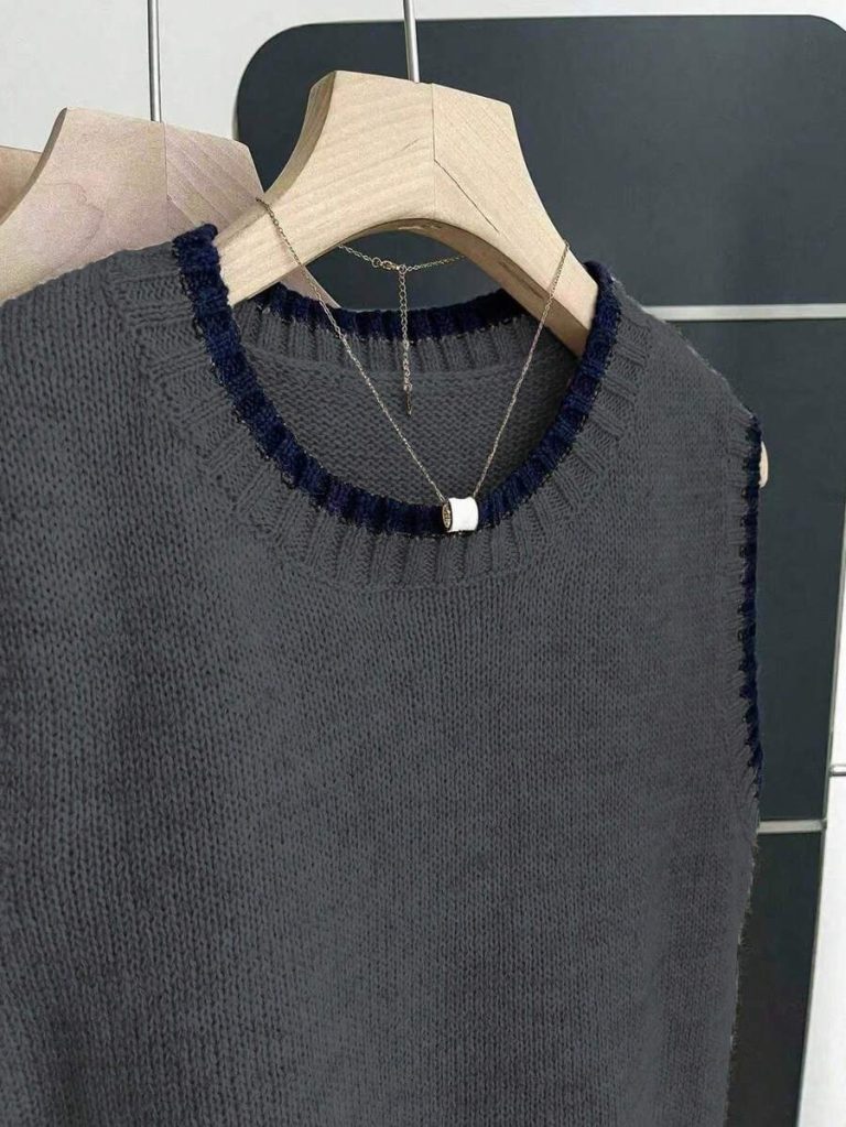 Franclia Back To School Casual Style Loose Round Neck Sleeveless Woolen Woven Contrasting Color Trimmed Khaki Autumn And Winter Women's Knitted Top Fall Clothes For Women Going Out Tops Women - Image 130