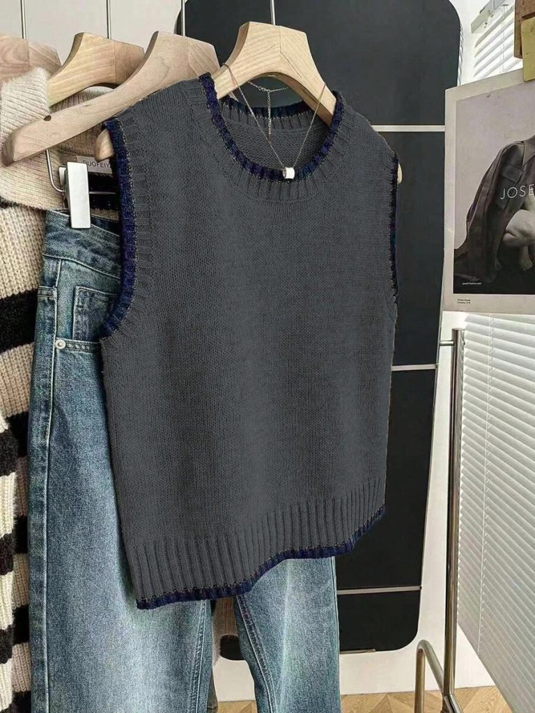 Franclia Back To School Casual Style Loose Round Neck Sleeveless Woolen Woven Contrasting Color Trimmed Khaki Autumn And Winter Women's Knitted Top Fall Clothes For Women Going Out Tops Women - Image 131