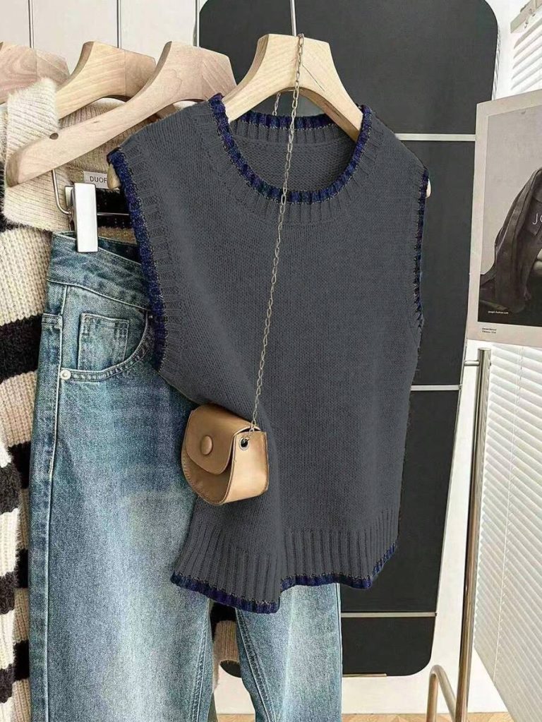 Franclia Back To School Casual Style Loose Round Neck Sleeveless Woolen Woven Contrasting Color Trimmed Khaki Autumn And Winter Women's Knitted Top Fall Clothes For Women Going Out Tops Women - Image 132