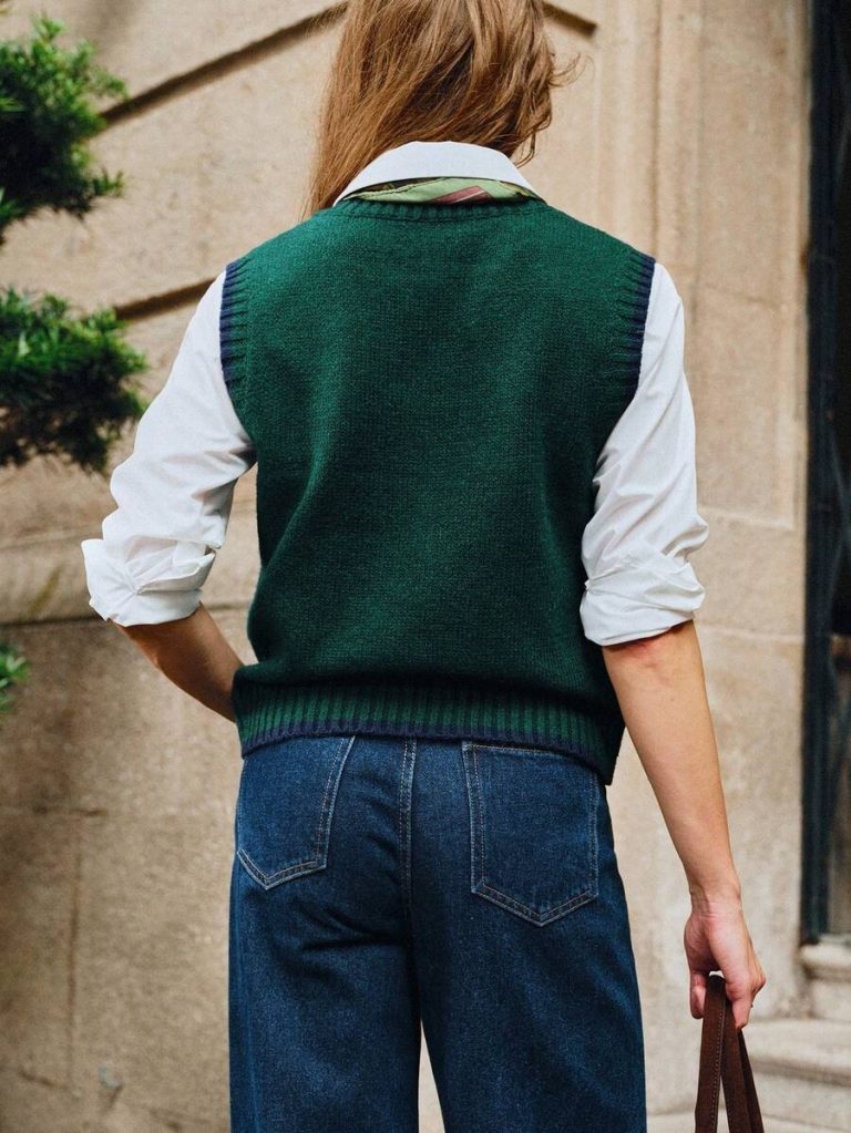 Franclia Back To School Casual Style Loose Round Neck Sleeveless Woolen Woven Contrasting Color Trimmed Khaki Autumn And Winter Women's Knitted Top Fall Clothes For Women Going Out Tops Women - Image 134