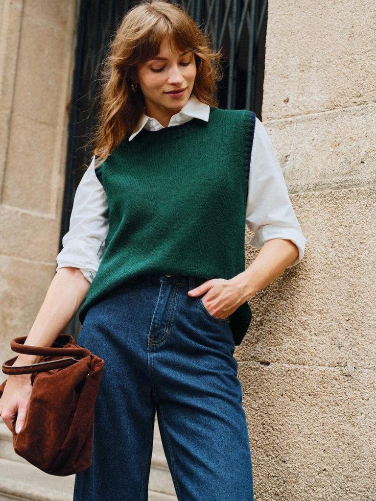 Franclia Back To School Casual Style Loose Round Neck Sleeveless Woolen Woven Contrasting Color Trimmed Khaki Autumn And Winter Women's Knitted Top Fall Clothes For Women Going Out Tops Women - Image 135