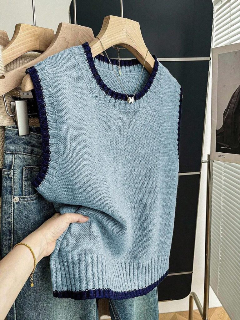 Franclia Back To School Casual Style Loose Round Neck Sleeveless Woolen Woven Contrasting Color Trimmed Khaki Autumn And Winter Women's Knitted Top Fall Clothes For Women Going Out Tops Women - Image 140