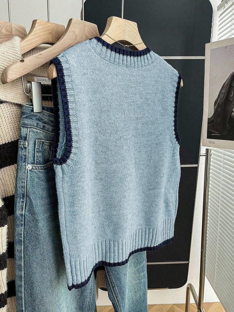 Franclia Back To School Casual Style Loose Round Neck Sleeveless Woolen Woven Contrasting Color Trimmed Khaki Autumn And Winter Women's Knitted Top Fall Clothes For Women Going Out Tops Women - Image 141