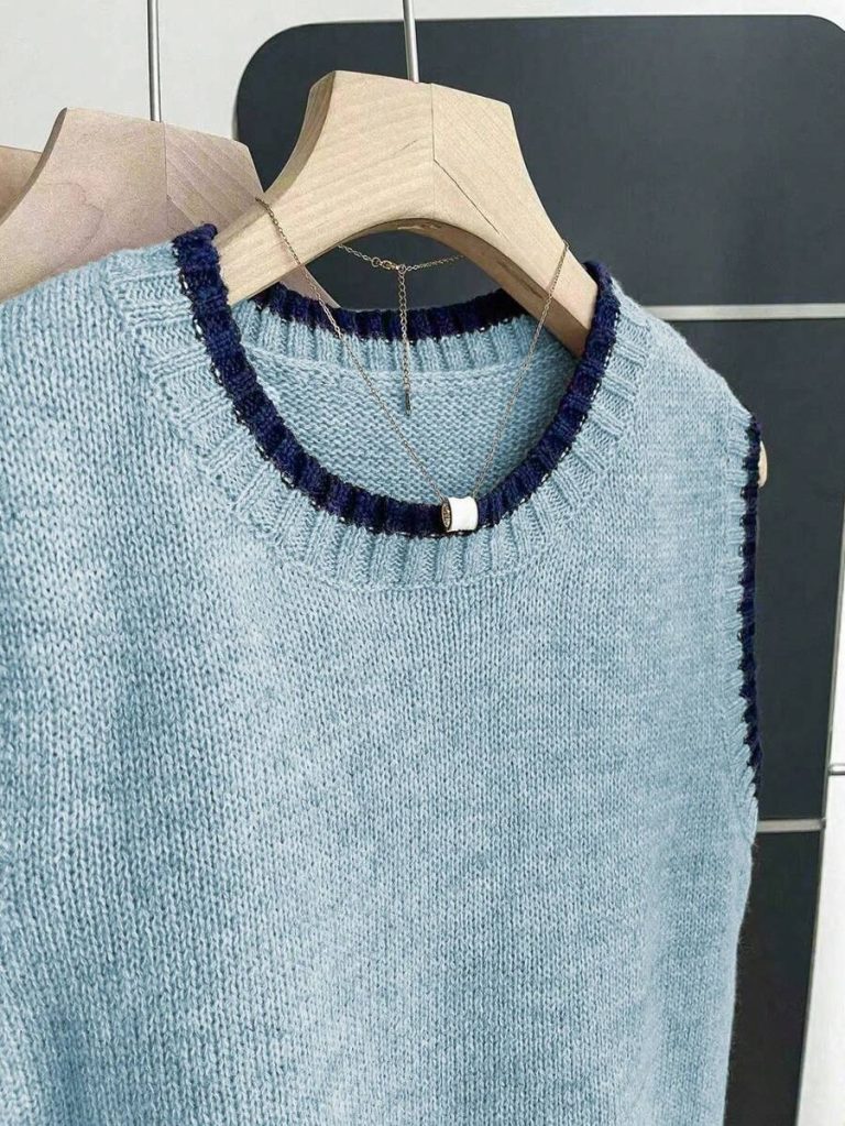 Franclia Back To School Casual Style Loose Round Neck Sleeveless Woolen Woven Contrasting Color Trimmed Khaki Autumn And Winter Women's Knitted Top Fall Clothes For Women Going Out Tops Women - Image 142