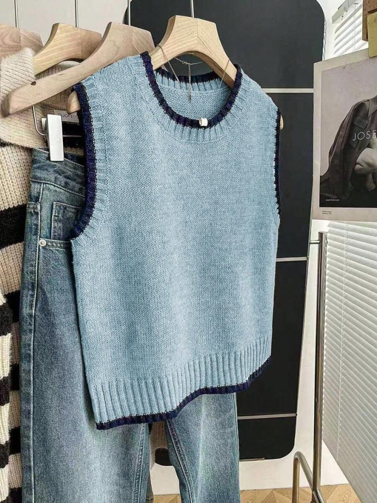 Franclia Back To School Casual Style Loose Round Neck Sleeveless Woolen Woven Contrasting Color Trimmed Khaki Autumn And Winter Women's Knitted Top Fall Clothes For Women Going Out Tops Women - Image 143
