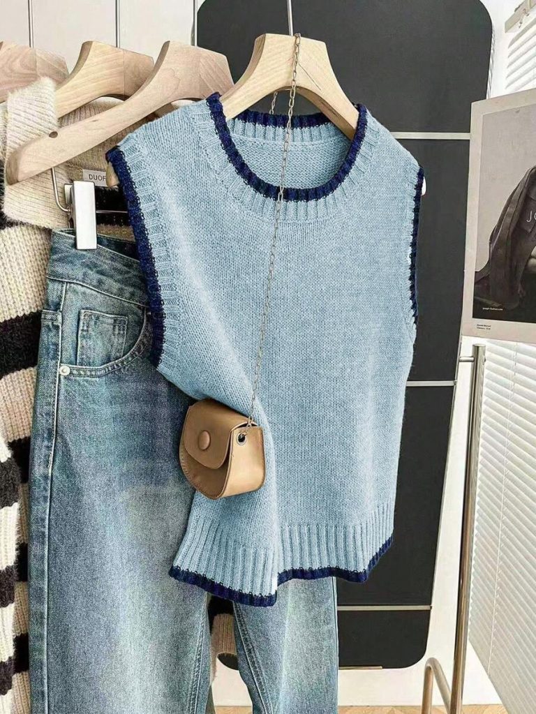 Franclia Back To School Casual Style Loose Round Neck Sleeveless Woolen Woven Contrasting Color Trimmed Khaki Autumn And Winter Women's Knitted Top Fall Clothes For Women Going Out Tops Women - Image 144