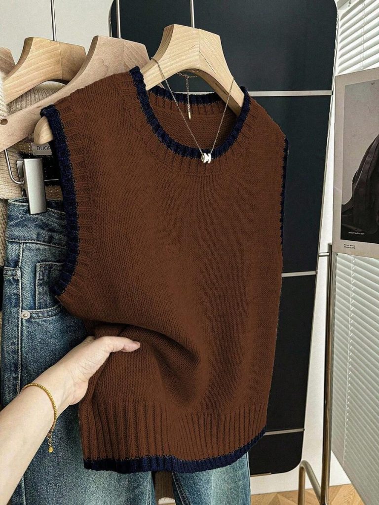Franclia Back To School Casual Style Loose Round Neck Sleeveless Woolen Woven Contrasting Color Trimmed Khaki Autumn And Winter Women's Knitted Top Fall Clothes For Women Going Out Tops Women - Image 145