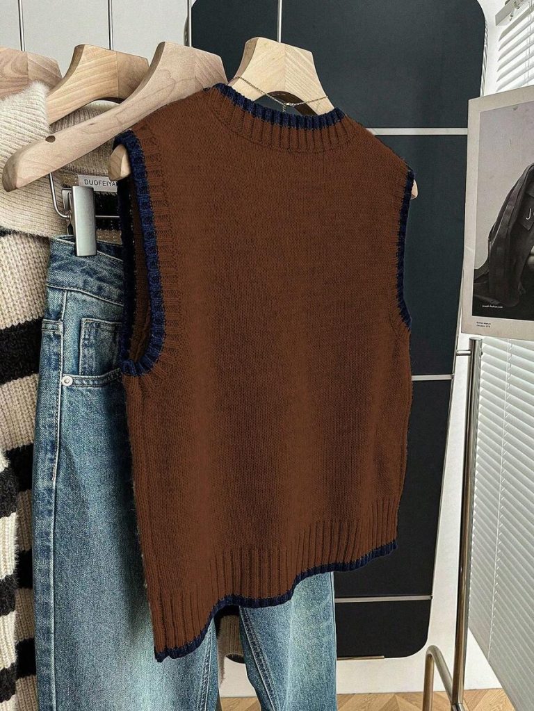 Franclia Back To School Casual Style Loose Round Neck Sleeveless Woolen Woven Contrasting Color Trimmed Khaki Autumn And Winter Women's Knitted Top Fall Clothes For Women Going Out Tops Women - Image 146