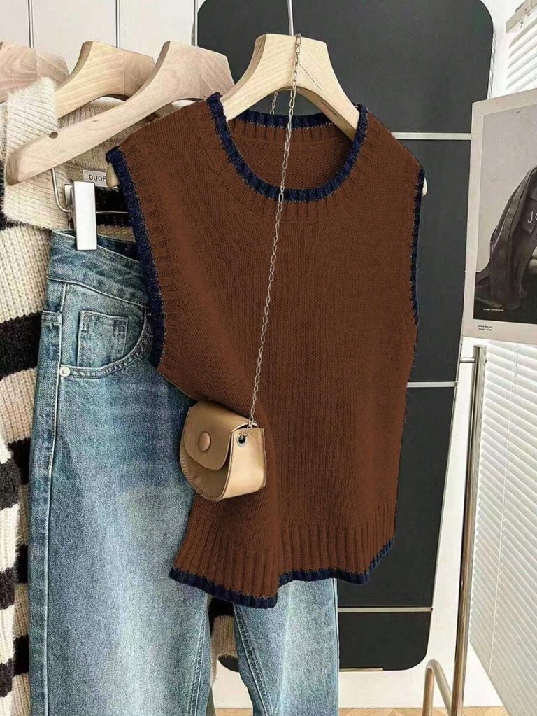 Franclia Back To School Casual Style Loose Round Neck Sleeveless Woolen Woven Contrasting Color Trimmed Khaki Autumn And Winter Women's Knitted Top Fall Clothes For Women Going Out Tops Women - Image 147