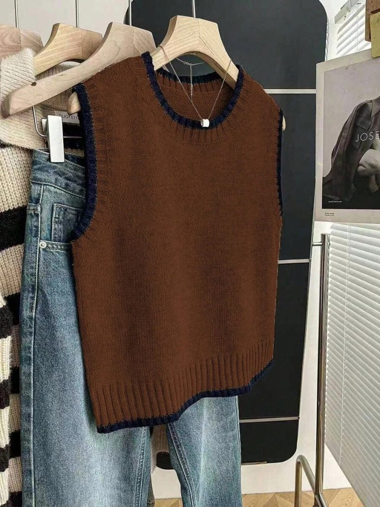 Franclia Back To School Casual Style Loose Round Neck Sleeveless Woolen Woven Contrasting Color Trimmed Khaki Autumn And Winter Women's Knitted Top Fall Clothes For Women Going Out Tops Women - Image 148