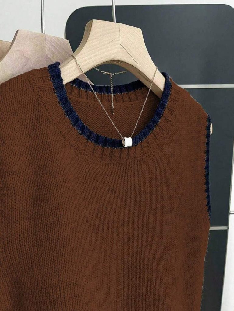 Franclia Back To School Casual Style Loose Round Neck Sleeveless Woolen Woven Contrasting Color Trimmed Khaki Autumn And Winter Women's Knitted Top Fall Clothes For Women Going Out Tops Women - Image 149