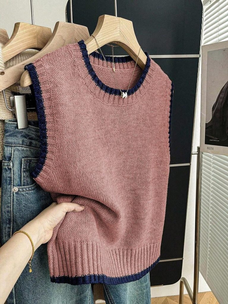 Franclia Back To School Casual Style Loose Round Neck Sleeveless Woolen Woven Contrasting Color Trimmed Khaki Autumn And Winter Women's Knitted Top Fall Clothes For Women Going Out Tops Women - Image 150