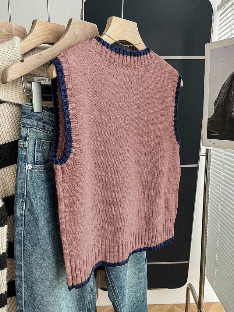 Franclia Back To School Casual Style Loose Round Neck Sleeveless Woolen Woven Contrasting Color Trimmed Khaki Autumn And Winter Women's Knitted Top Fall Clothes For Women Going Out Tops Women - Image 151