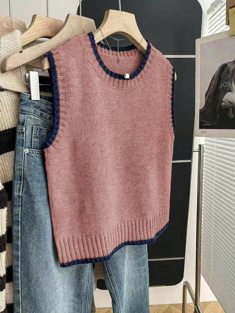 Franclia Back To School Casual Style Loose Round Neck Sleeveless Woolen Woven Contrasting Color Trimmed Khaki Autumn And Winter Women's Knitted Top Fall Clothes For Women Going Out Tops Women - Image 152